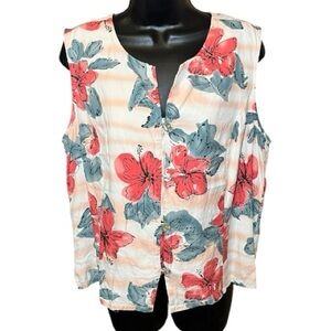 Pineapple Moon Women's 100% Silk Floral Sleeveless Button Front Top